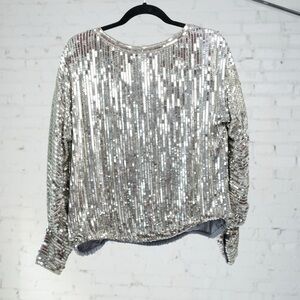 VINTAGE 1970s Authentic Sister Max Silver Sequin 100% Silk Blouse size medium